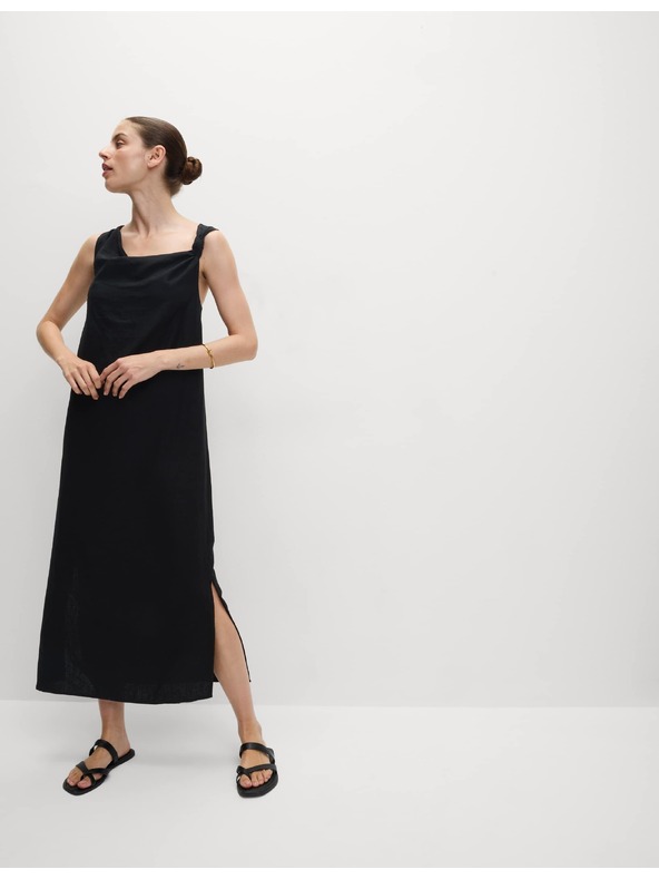 Marks & Spencer Splývavé midaxi šaty s vysokým podílem lnu a zavazováním u krku Marks & Spencer černá