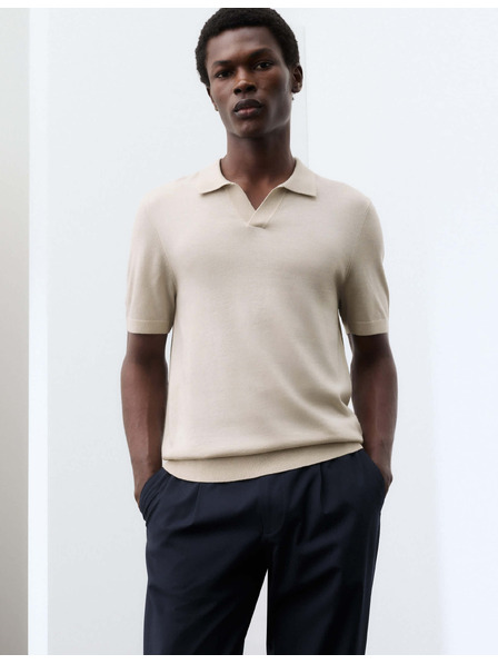 Marks & Spencer Pletená polokošile z čisté extra jemné vlny merino Marks & Spencer béžová