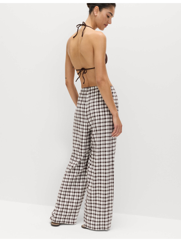 Marks & Spencer Kalhoty z materiálu Gingham, s vysokým podílem lnu s širokými nohavicemi Marks & Spencer hnědá