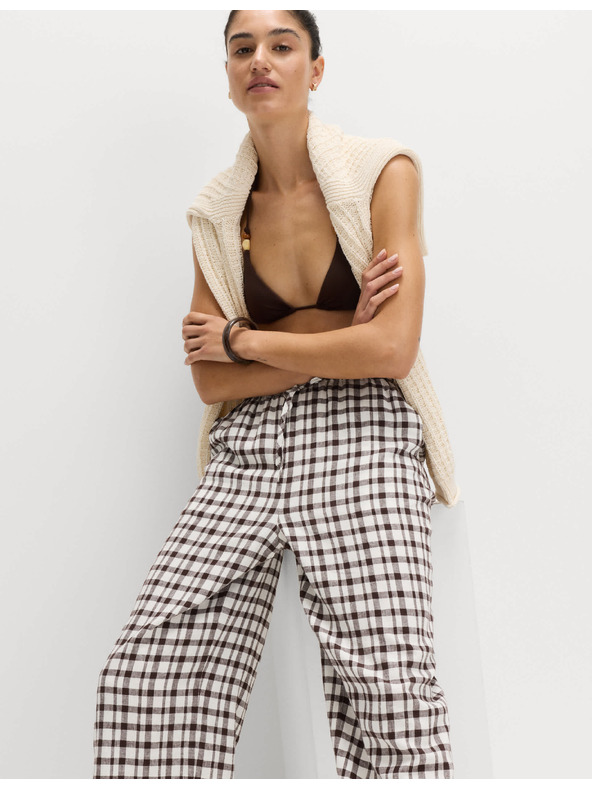 Marks & Spencer Kalhoty z materiálu Gingham, s vysokým podílem lnu s širokými nohavicemi Marks & Spencer hnědá