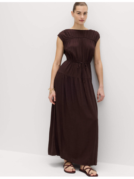 Marks & Spencer Maxi šaty se zvýrazněným pasem a nabíraným lnem Marks & Spencer hnědá
