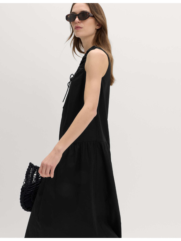 Marks & Spencer Nabírané midi šaty s vázáním, z čisté bavlny Marks & Spencer černá