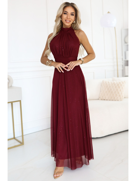 numoco VERONICA luxusní dlouhé šaty s brokátovým akcentem a elegantním střihem - vínové