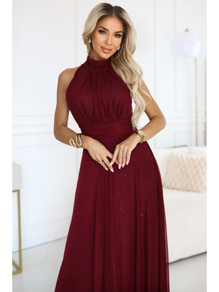 numoco VERONICA luxusní dlouhé šaty s brokátovým akcentem a elegantním střihem - vínové