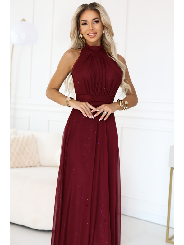 numoco VERONICA luxusní dlouhé šaty s brokátovým akcentem a elegantním střihem - vínové