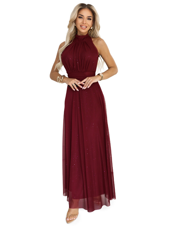 numoco VERONICA luxusní dlouhé šaty s brokátovým akcentem a elegantním střihem - vínové