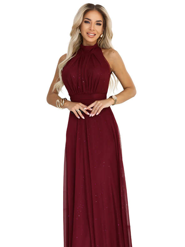 numoco VERONICA luxusní dlouhé šaty s brokátovým akcentem a elegantním střihem - vínové