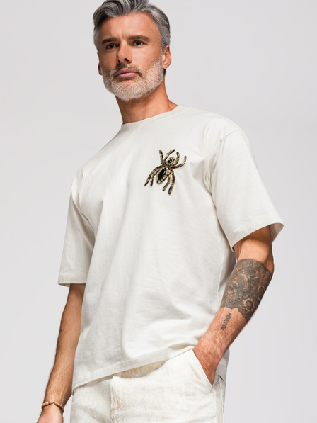 Ombre Clothing Pánské tričko s aplikací pavouka z kamínků a zlatých korálků – slonová kost V2 OM-TSCT-0277 Ombre Clothing