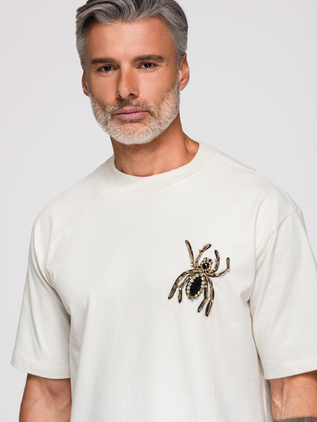 Ombre Clothing Pánské tričko s aplikací pavouka z kamínků a zlatých korálků – slonová kost V2 OM-TSCT-0277 Ombre Clothing