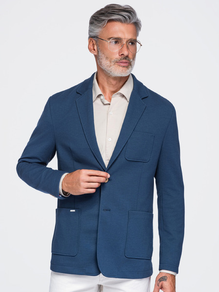 Ombre Clothing Pánské slimové sako SLIM z úpletu s jemnou strukturou – modré V6 M165 Ombre Clothing