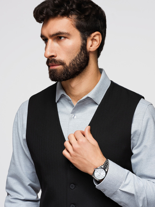 Ombre Clothing Klasická pánská elegantní vesta s rybí kostkou, střih SLIM FIT – V3, černá V65 Ombre Clothing