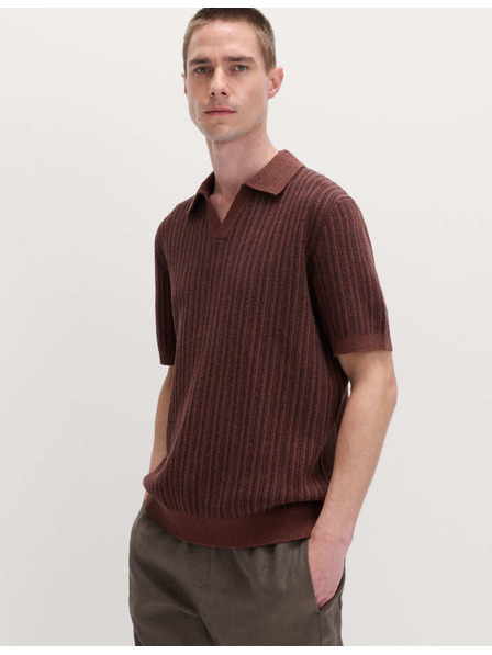 Marks & Spencer Pletená pruhovaná polokošile s buklé, s rozhalenkovým límcem Marks & Spencer hnědá