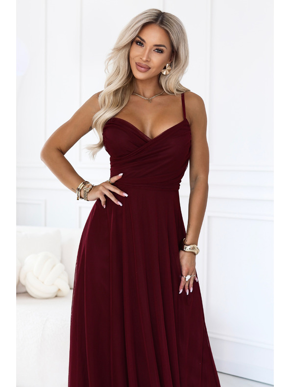 numoco NILA Tylové maxi šaty na ramínkách s obálkovým výstřihem - bordové