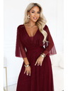 numoco Dlouhé třpytivé šaty plus size s výstřihem a průhledným rukávem - bordó