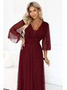 numoco Dlouhé třpytivé šaty plus size s výstřihem a průhledným rukávem - bordó