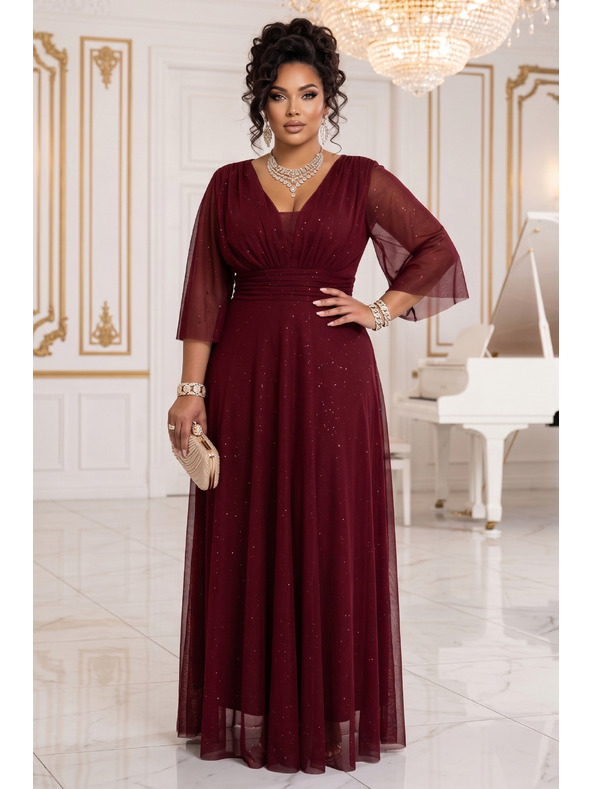 numoco Dlouhé třpytivé šaty plus size s výstřihem a průhledným rukávem - bordó