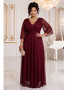 numoco Dlouhé třpytivé šaty plus size s výstřihem a průhledným rukávem - bordó