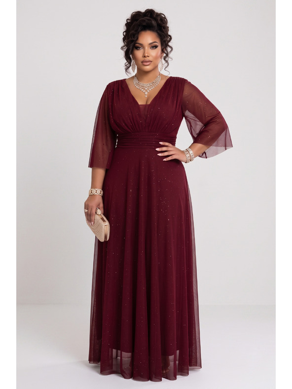 numoco Dlouhé třpytivé šaty plus size s výstřihem a průhledným rukávem - bordó