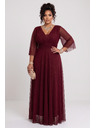 numoco Dlouhé třpytivé šaty plus size s výstřihem a průhledným rukávem - bordó