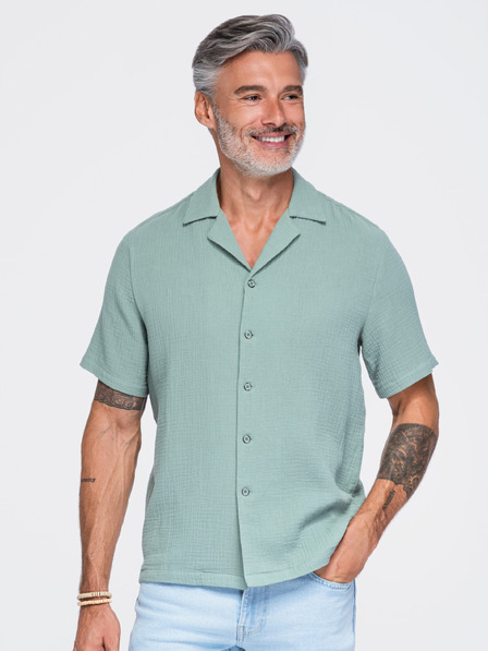 Ombre Clothing Pánská mušelínová košile s kubánským límečkem – pastelově zelená V3 OM-SHSS-0223 Ombre Clothing