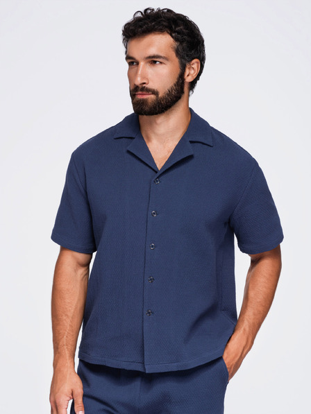 Ombre Clothing Pánská bavlněná košile s kubánským límečkem – tmavě modrá V1 OM-SHSS-0220 Ombre Clothing
