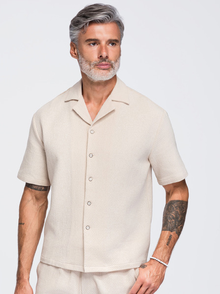 Ombre Clothing Pánská bavlněná košile s kubánským límečkem – slonová kost V2 OM-SHSS-0220 Ombre Clothing