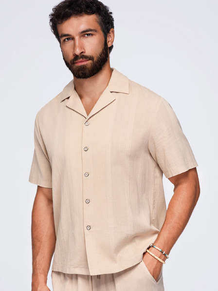 Ombre Clothing Pánská bavlněná košile s kubánským límečkem – světle hnědá V1 OM-SHSS-0221 Ombre Clothing