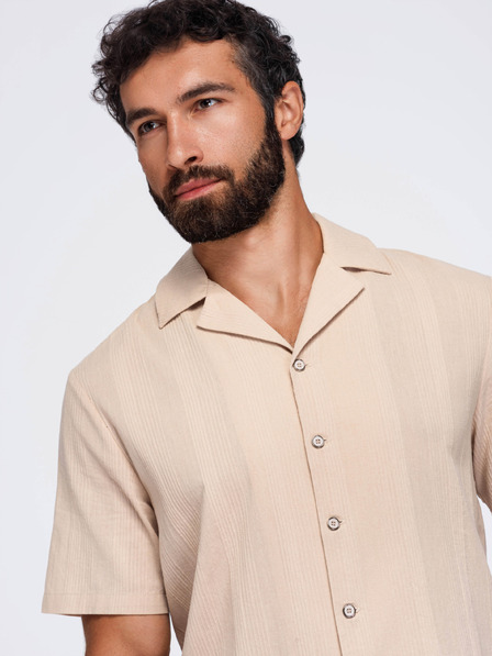 Ombre Clothing Pánská bavlněná košile s kubánským límečkem – světle hnědá V1 OM-SHSS-0221 Ombre Clothing