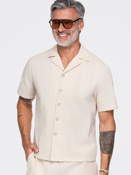 Ombre Clothing Pánská bavlněná košile s kubánským límečkem – krémová V3 OM-SHSS-0221 Ombre Clothing