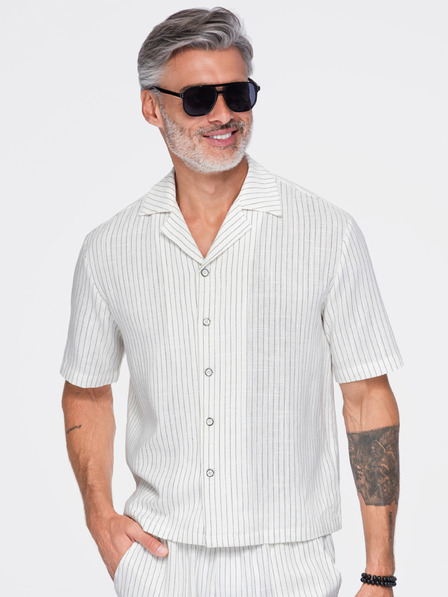 Ombre Clothing Pánská pruhovaná košile regular střihu z viskózy a lnu s kubánským límečkem – slonová kost V1 OM-SHSS-0222 Ombre Clothing
