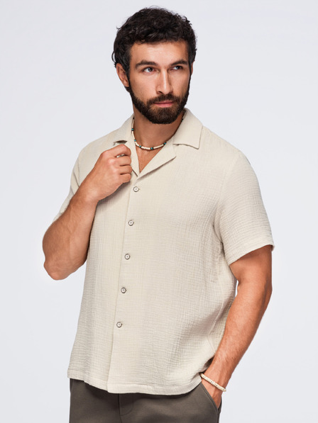 Ombre Clothing Pánská mušelínová košile s kubánským límečkem – béžová V1 OM-SHSS-0223 Ombre Clothing