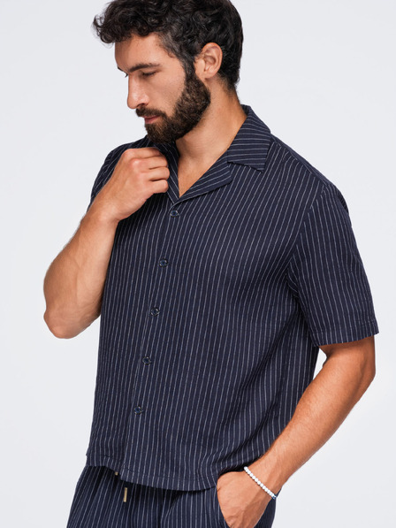 Ombre Clothing Pánská pruhovaná košile regular střihu z viskózy a lnu s kubánským límečkem – tmavě modrá V2 OM-SHSS-0222 Ombre Clothing