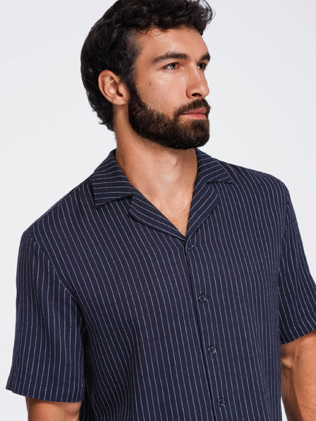 Ombre Clothing Pánská pruhovaná košile regular střihu z viskózy a lnu s kubánským límečkem – tmavě modrá V2 OM-SHSS-0222 Ombre Clothing