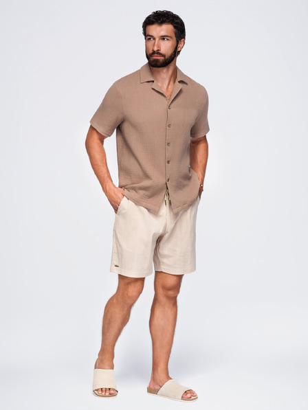 Ombre Clothing Pánská mušelínová košile s kubánským límečkem – světle hnědá V2 OM-SHSS-0223 Ombre Clothing
