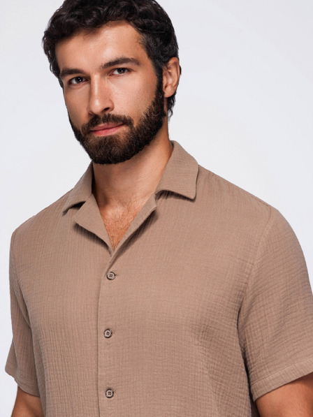 Ombre Clothing Pánská mušelínová košile s kubánským límečkem – světle hnědá V2 OM-SHSS-0223 Ombre Clothing
