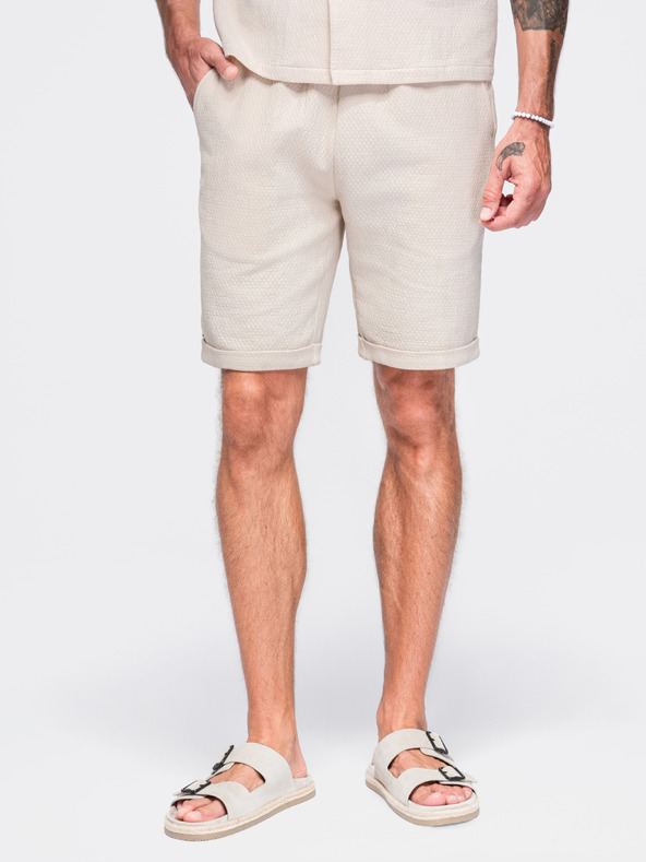Ombre Clothing Pánské šortky ze strukturované bavlny – krémové V2 OM-SRCS-0207 Ombre Clothing
