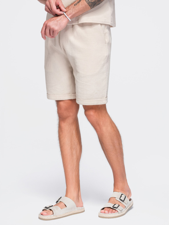 Ombre Clothing Pánské šortky ze strukturované bavlny – krémové V2 OM-SRCS-0207 Ombre Clothing