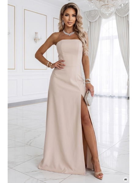 numoco ELARA Korzetové maxi šaty s rozparkem a vázáním na zádech - béžové