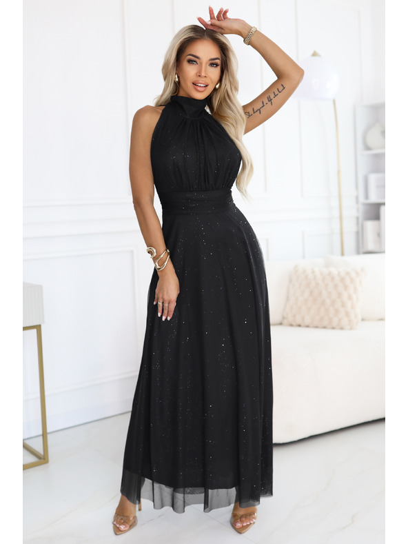 numoco VERONICA luxusní dlouhé šaty s brokátovým akcentem a elegantním střihem - černé