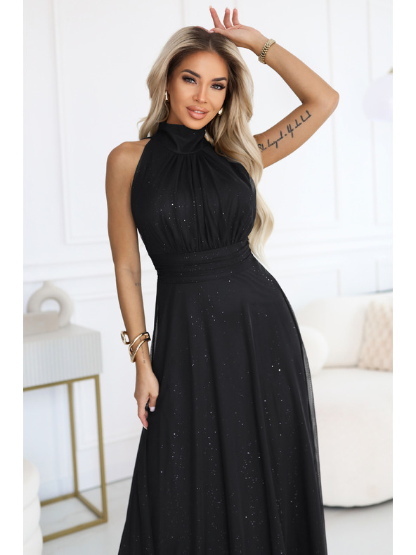 numoco VERONICA luxusní dlouhé šaty s brokátovým akcentem a elegantním střihem - černé