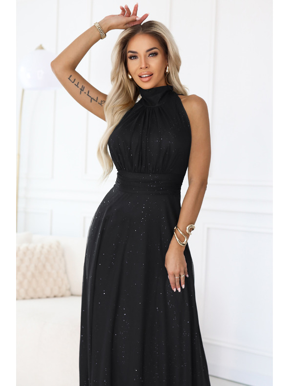 numoco VERONICA luxusní dlouhé šaty s brokátovým akcentem a elegantním střihem - černé