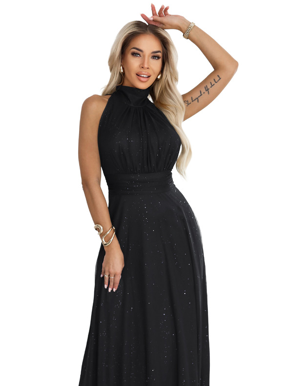 numoco VERONICA luxusní dlouhé šaty s brokátovým akcentem a elegantním střihem - černé
