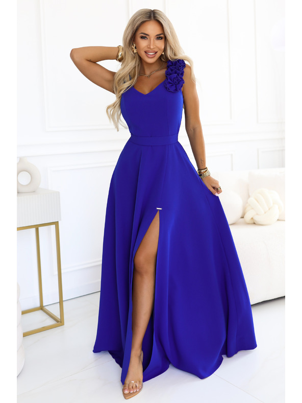 numoco Elegantní večerní maxi šaty s rozparkem a růžemi - chrpově modré