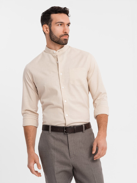 Ombre Clothing Pánská lněná košile se stojáčkem a kapsou, střih REGULAR FIT – krémová V3 K704 Ombre Clothing