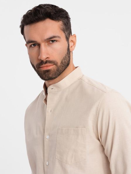 Ombre Clothing Pánská lněná košile se stojáčkem a kapsou, střih REGULAR FIT – krémová V3 K704 Ombre Clothing