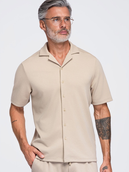 Ombre Clothing Pánská košile s krátkým rukávem a kubánským límečkem – béžová V3 OM-SHCS-0220 Ombre Clothing
