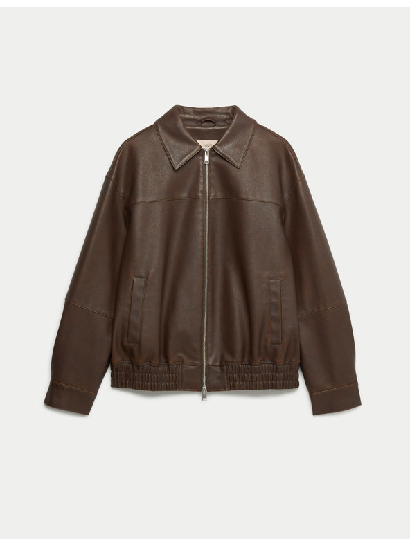 Marks & Spencer Koženková bunda bomber s límcem ze zestařené koženky Marks & Spencer hnědá