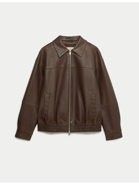 Marks & Spencer Koženková bunda bomber s límcem ze zestařené koženky Marks & Spencer hnědá