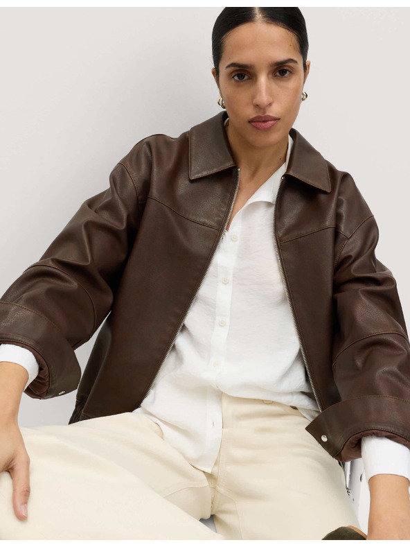 Marks & Spencer Koženková bunda bomber s límcem ze zestařené koženky Marks & Spencer hnědá