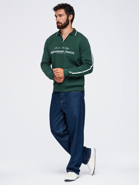 Ombre Clothing Pánská mikina s límečkem a výstřihem do V s výšivkou na hrudi – tmavě zelená V3 OM-SSNZ-0268 Ombre Clothing